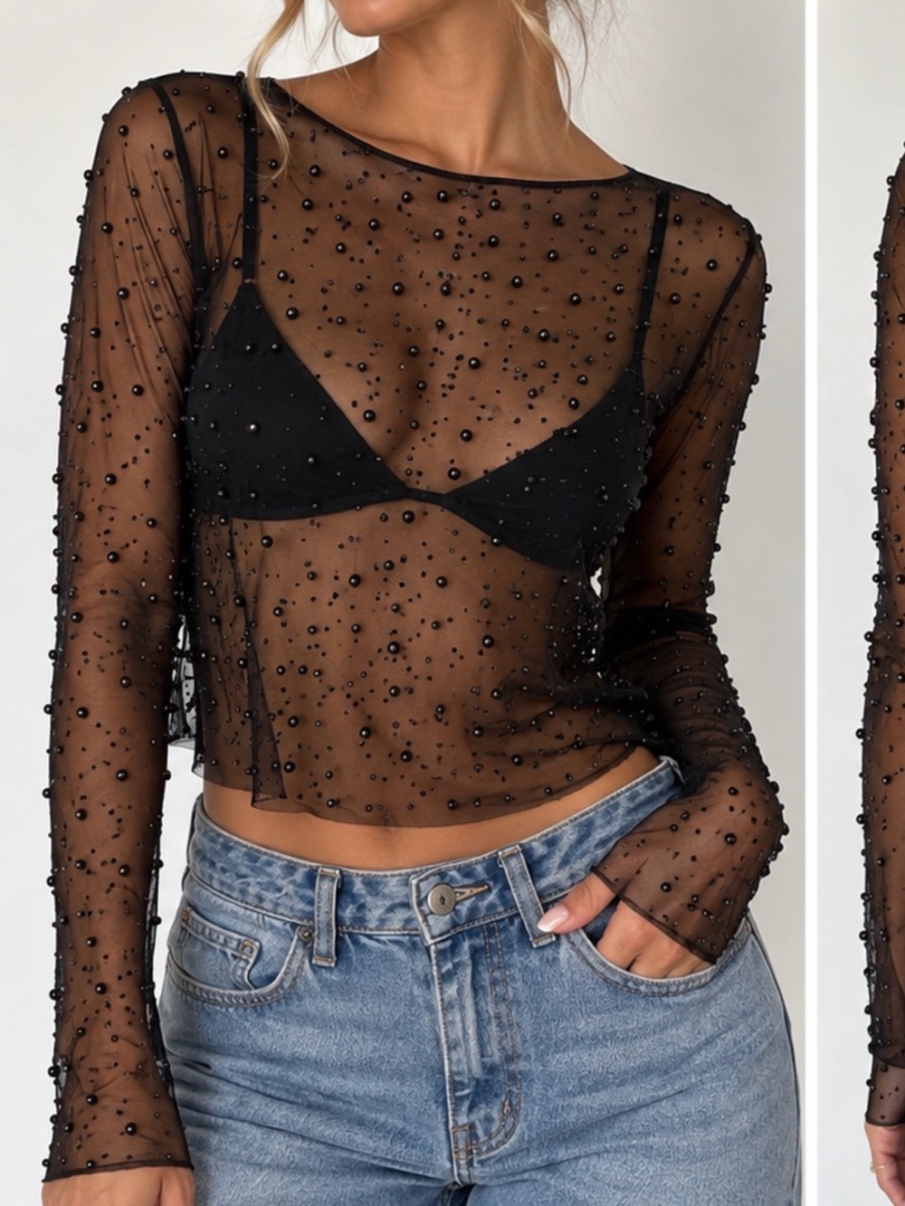 Women’s Sheer Beaded Long-Sleeve Top Size Medium